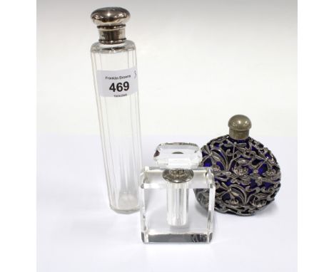 Silver topped glass jar / bottle, 18cm high, a small Art Deco style scent bottle and a blue glass scent bottle (3)
