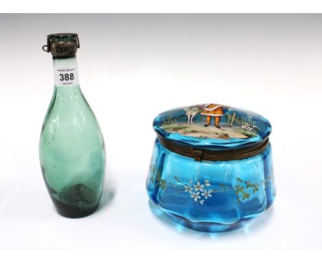 19th century blue glass jar with cover, lid painted with children riding a goat, 14 x 12cm, together with a green glass bottl