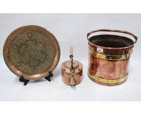 Copper and brass bucket, 30 x 29cm, together with a copper kettle and tray (3)