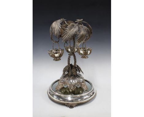 A large Victorian silver plated table epergne centre piece, modelled as a tree with hanging baskets, approx 50cm high with a 