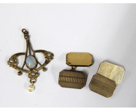 Edwardian opal and pearl pendant, indistinct marks, 3.5cm drop together with a pair of gold on silver cufflinks (2)