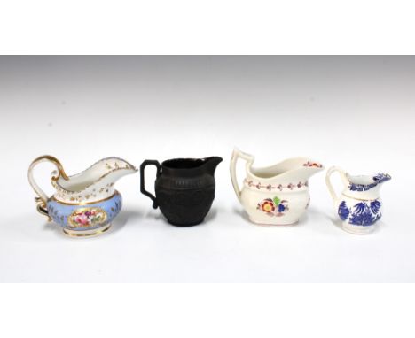 Wedgwood black basalt cream jug, 9cm, together with a blue and white willow pattern jug, Coalport  floral porcelain jug and a