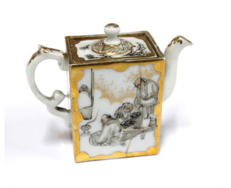 Japanese Meiji period miniature porcelain teapot painted en grisaille with gilt borders, 7.5cm (hairline crack)