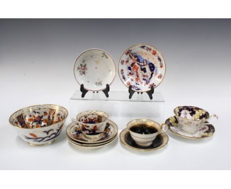 A collection of 19th century English porcelain to include a Coalport blue and red bowl, an Aynsley black and gold cup and sau