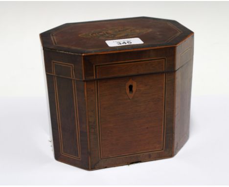19th century octagonal mahogany &amp; marquetry inlaid tea caddy box, 17 x 14cm