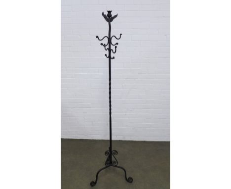 Wrought iron hat and coat stand with thistle finial,  182cm high.