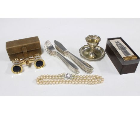Epns flatware, egg cup and a strand of faux pearls, vintage opera glasses and a champagne bottle sealer 9a lot)