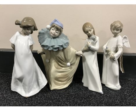 Four Nao figures to include girl in white dress, girl in night gown, cherub and clown