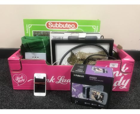 A box containing Subbuteo set, Subbuteo table cricket, digital photo frame, digital camera, computer games, Ipod, framed Star