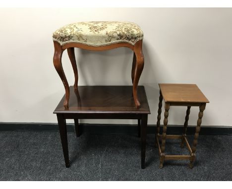 A tapestry upholstered dressing table stool, a coffee table and a plant table 