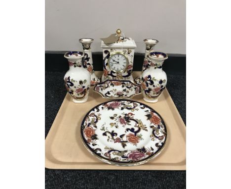 A tray of eight pieces of Masons Mandalay pattern china including candlesticks, carriage clock, vases and plates   