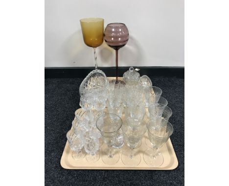 Two trays of assorted glassware including drinking glasses, vases, lidded powder bowl etc