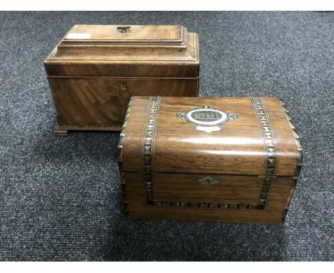 A George III mahogany tea caddy, together with a Victorian inlaid oak tea caddy
