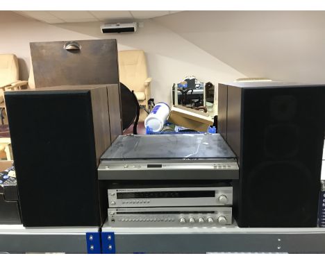 An Optonica turn table stereo tuner and amplifier, a pair of Triumph LS300D speakers and a pair of Toshiba speakers  