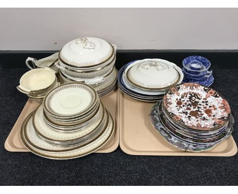 Two trays of Burleigh Ware dinner ware, antique pottery plates, blue and white Copeland Spode etc 