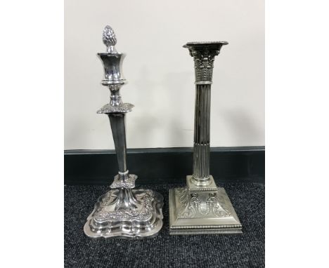 A plated Corinthian column candlestick together with one other