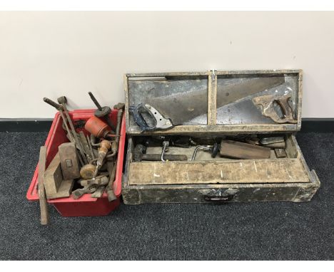 A pine joiner's tools box and tools, crate of hand tools, vintage oil can 