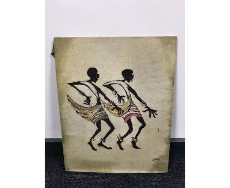 A Jack Absalom (Australian) unframed painting depicting two Aboriginal figures dancing