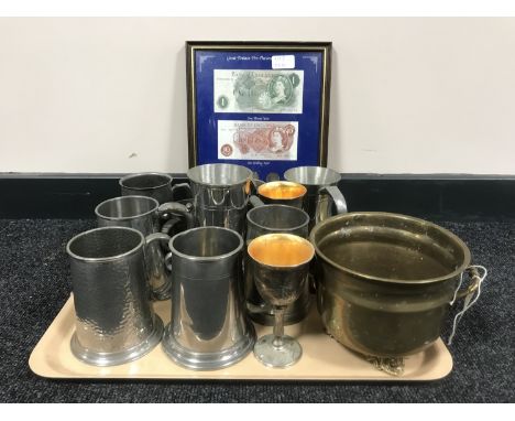 A tray of assorted metal ware - goblets, tankards, planter, etc and set of framed pre decimal coins and notes 
