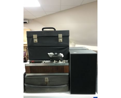 A Ferguson auto recorder, Eumig 501 projector, a cased reel to reel and a pair of speakers 