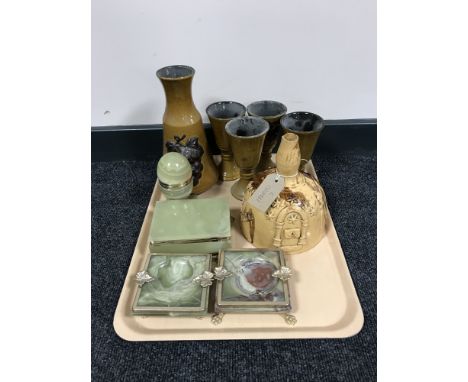 A tray of antique pottery decanter with Freemasons decoration, Cinque wine decanter and three goblets, pair of onyx ash trays