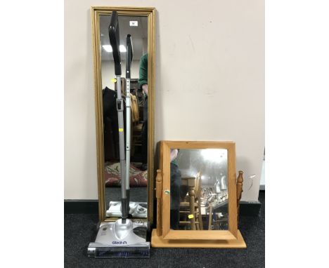 A G-Tech carpet sweeper, no lead, together with a pine framed mirror, a gilt framed material sample entitled Beddgelert, a pi