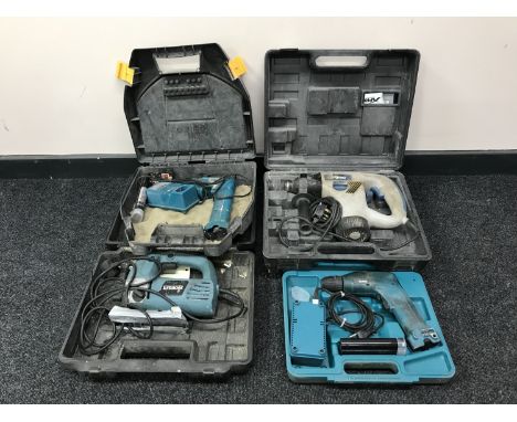Four cased power tools - Xpro rotary hammer drill, two Makita cordless drills and a Erbeaur sander 