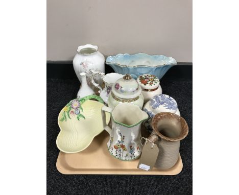 A tray of Royal Doulton Mystic Dawn vase, Maling vase, ginger jars, Carlton Ware dish etc 