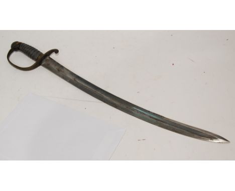 19th CENTURY SHORT SWORD/CUTLASS having curved fullered blade with clipped back edge, 23 1/2" (59.7cm) long, the brass hilt w