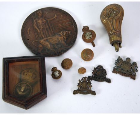 19TH CENTURY SMALL SCROLL EMBOSSED  BRASS POWDER FLASK with spring loaded opening 4 1/2" (11.5 cm) long overall together with
