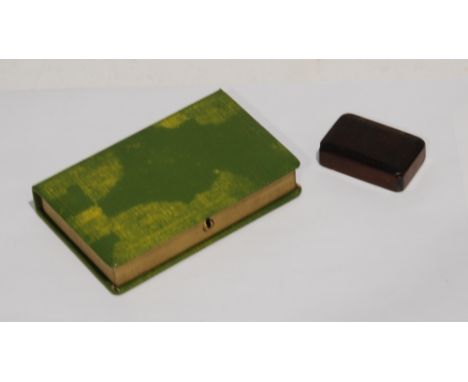 19TH CENTURY MAHOGANY SMALL OBLONG POCKET SNUFF BOX with hinged lid, 2" wide; and a Trust Savings Bank book form money box, i