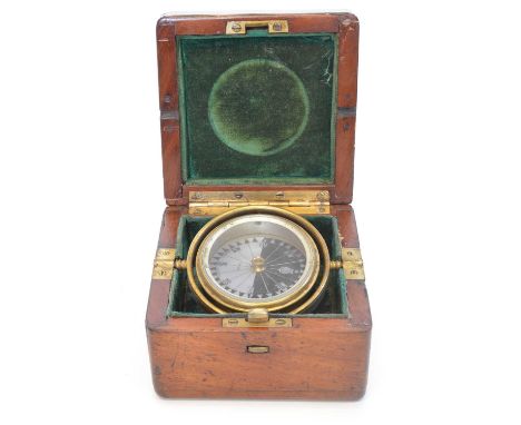 19th Century Gimballed Compass 19th Century mahogany cased, brass gimbal nautical compass with 'Singers Patent' signed rose, 