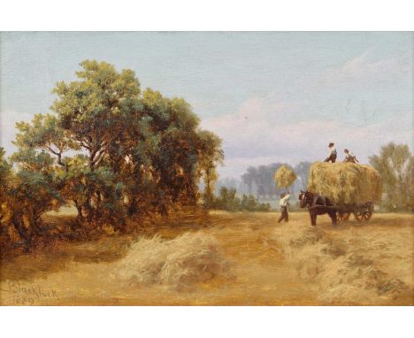Charles Blacklock (British 19th century) "Evening in the Hayfield" Signed and dated 1882, titled on verso, oil on canvas.19cm