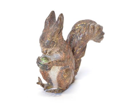 Cold painted bronze squirrel Cold painted bronze model of a red squirrel holding a nut in the style of Franz Bergman, stamped