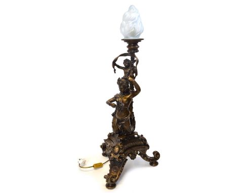 Decorative Bronze table lamp with Mermaid and Cherub Decorative bronze table lamp with a frosted glass shade in the form of a