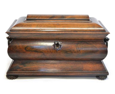 Rosewood tea caddy Victorian rosewood veneered tea caddy of sarcophagus shape, hinged lid, two turned wooden ring handles, al