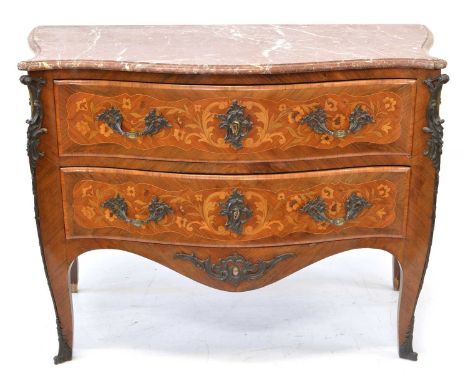 Kingwood commode chest Late 19th century French Kingwood veneered serpentine front commode chest, rouge marble top with mould