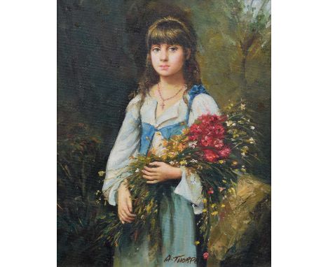 A. Thorpe (20th century) Portrait of a standing girl holding flowers Signed, oil on canvas.24cm x 19cm (9.5in x 7.5in)The pai