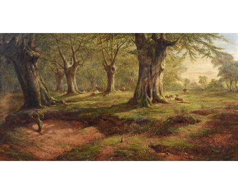 William Luker (British 1828-1905) A woodland scene with deer Signed and dated 1869, oil on canvas.54cm x 100cm (21.25in x 39.