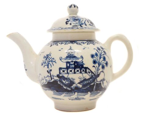 Lowestoft porcelain teapot circa 1760 Lowestoft porcelain teapot circa 1760, painted with a pagoda scene in underglaze blue, 