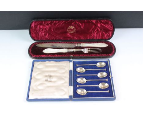 A cased set of six fully hallmarked sterling silver coffee spoons together with a cased sterling silver collared knife and fo