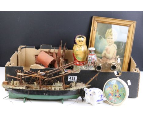 Assortment of vintage 20th Century items to include a vintage Smiths noddy clock, glass baby feeders, model boats, pair of mi