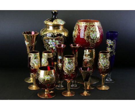 Collection of Continental coloured glassware, to include a ruby glass pedestal vase and cover, with tube lined decoration, pa