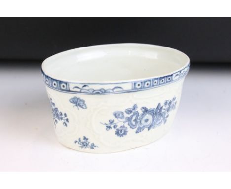 18th century Worcester oval shaped bowl /dish, painted with flowers, foliage and butterflies, with blue hatched crescent mark