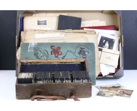 Assorted postcards and glass lantern sides. Glass slides dating from around 1930s to include Kew Gardens, country houses, flo