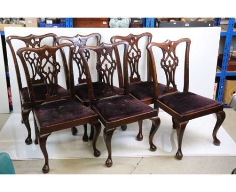 Set of Six Chippendale style Mahogany Dining Chairs with pierced splats and drop-in upholstered seats, 56cm wide x 100cm high