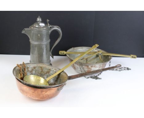 Victorian metalware - to include a pair of balance scales, brass ladle, copper pan and a pewter tankard with lid. Balance sca