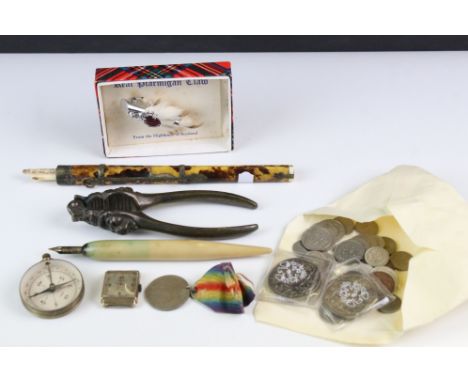 A small group of mixed collectables to include a compass, medal, coins, pen, nutcracker and a hallmarked 9ct gold cased gents