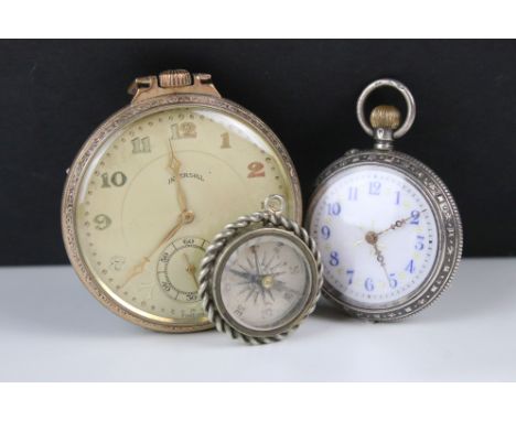 A gents Ingersoll gold plated pocket watch together with a hallmarked silver fob watch and a white metal compass. 