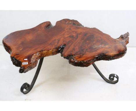 Contemporary Coffee Table by Swamp Kauri, the top formed from a section of Tree Trunk, raised on three scrolling wrought iron